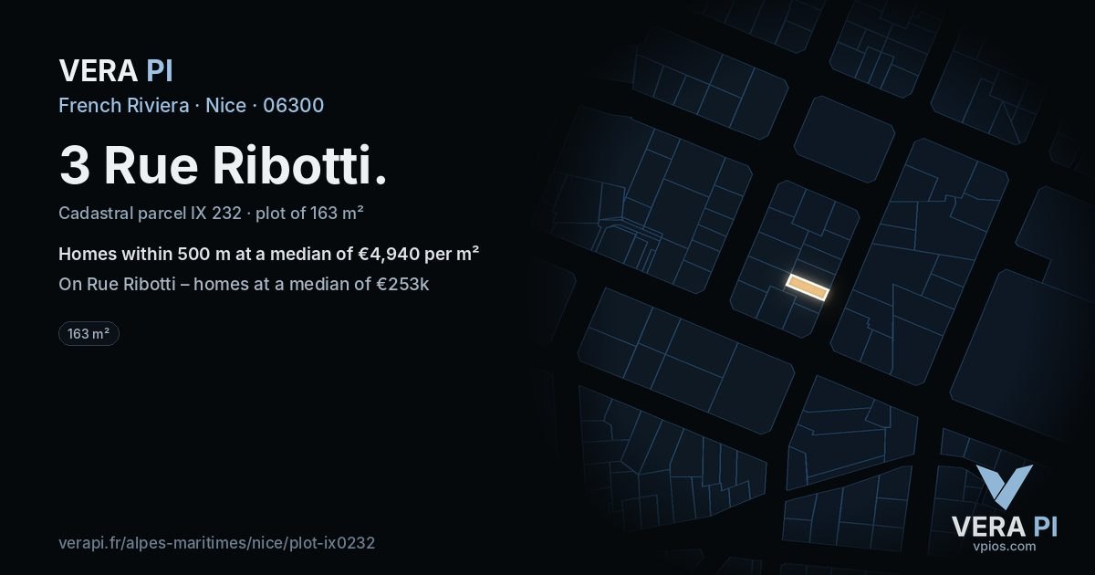 3 Rue Ribotti, Nice at night – the plot lit, the parcels around coloured by the prices near them