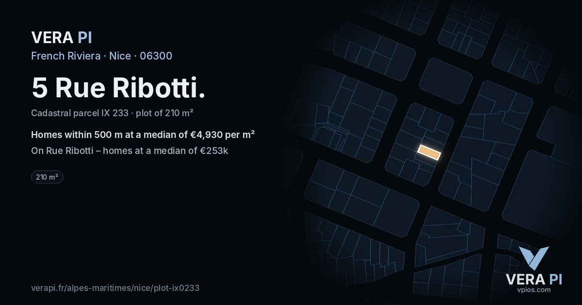 5 Rue Ribotti, Nice at night – the plot lit, the parcels around coloured by the prices near them
