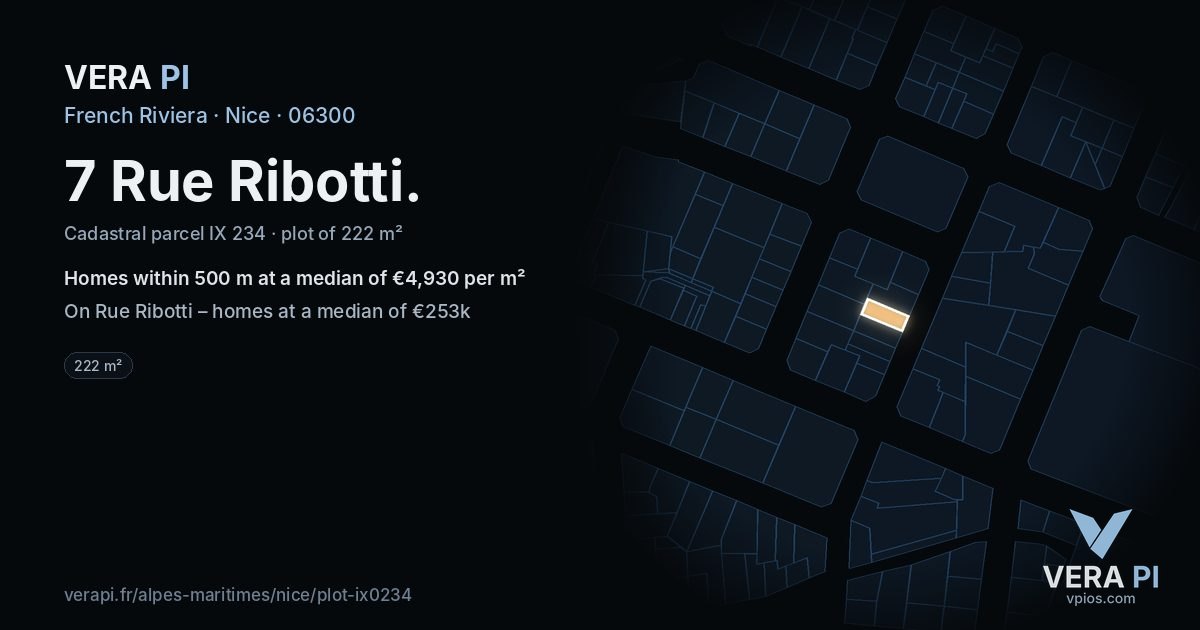 7 Rue Ribotti, Nice at night – the plot lit, the parcels around coloured by the prices near them