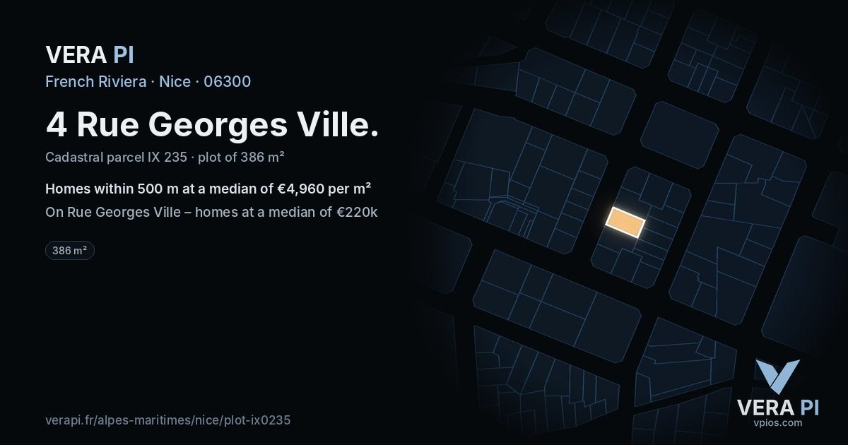 4 Rue Georges Ville, Nice at night – the plot lit, the parcels around coloured by the prices near them