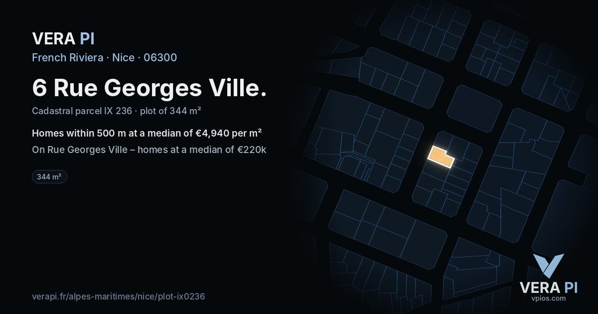 6 Rue Georges Ville, Nice at night – the plot lit, the parcels around coloured by the prices near them