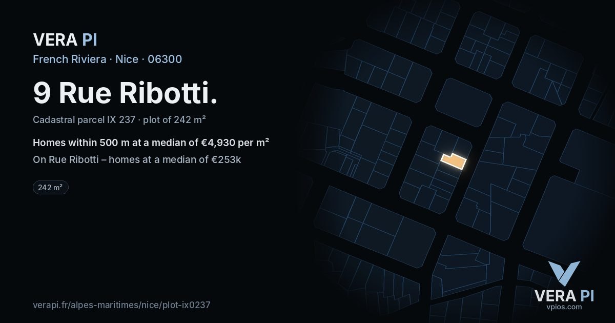 9 Rue Ribotti, Nice at night – the plot lit, the parcels around coloured by the prices near them
