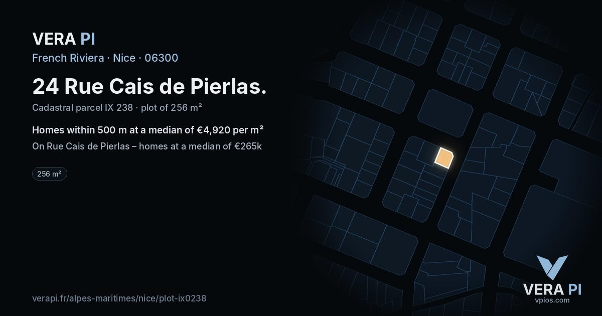 24 Rue Cais de Pierlas, Nice at night – the plot lit, the parcels around coloured by the prices near them