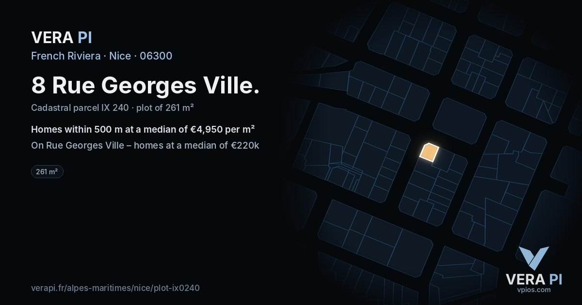 8 Rue Georges Ville, Nice at night – the plot lit, the parcels around coloured by the prices near them