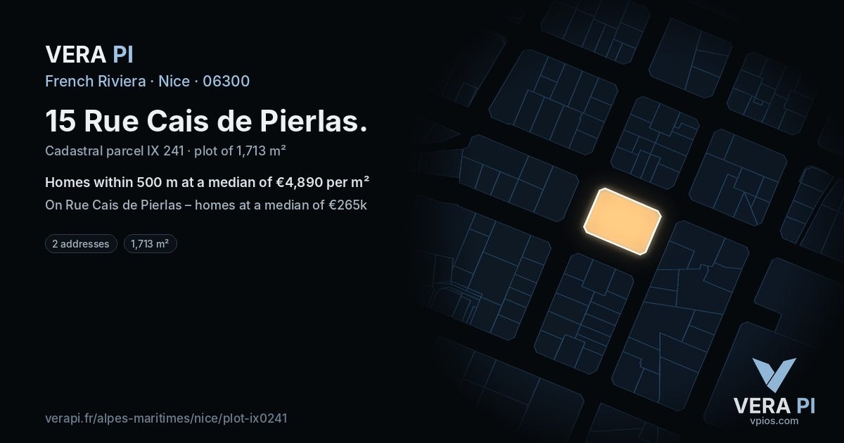 15 Rue Cais de Pierlas, Nice at night – the plot lit, the parcels around coloured by the prices near them