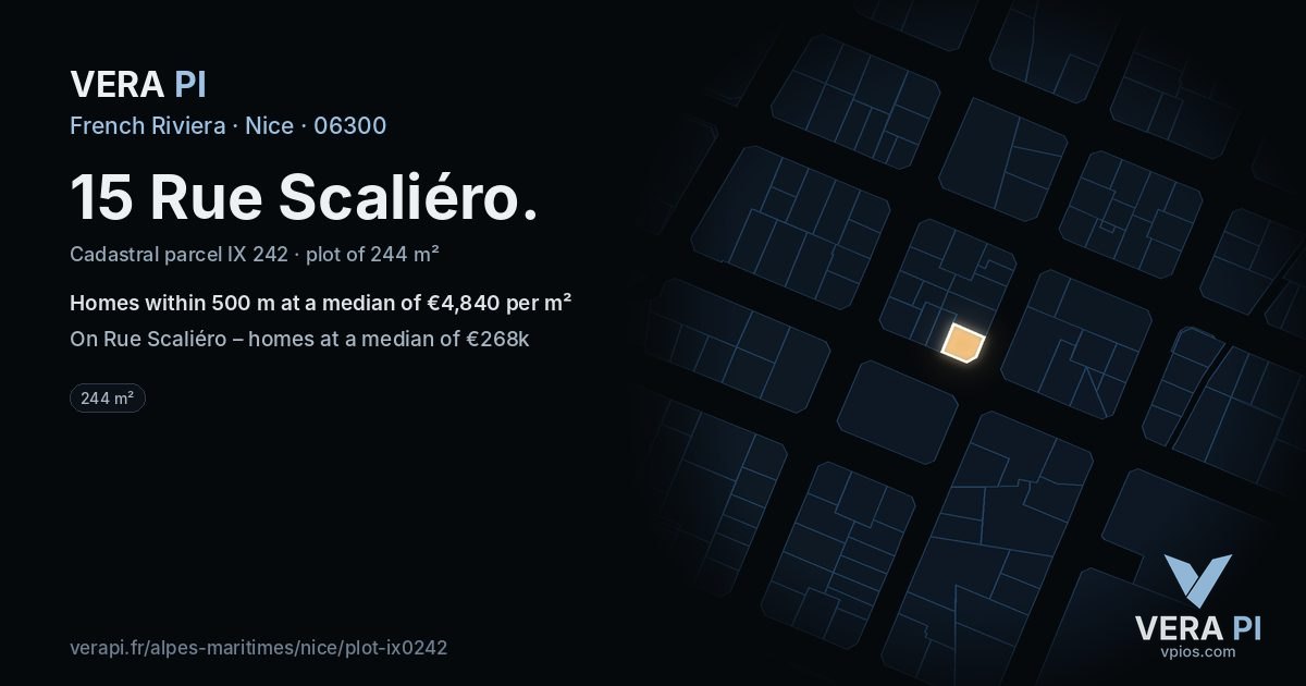 15 Rue Scaliéro, Nice at night – the plot lit, the parcels around coloured by the prices near them
