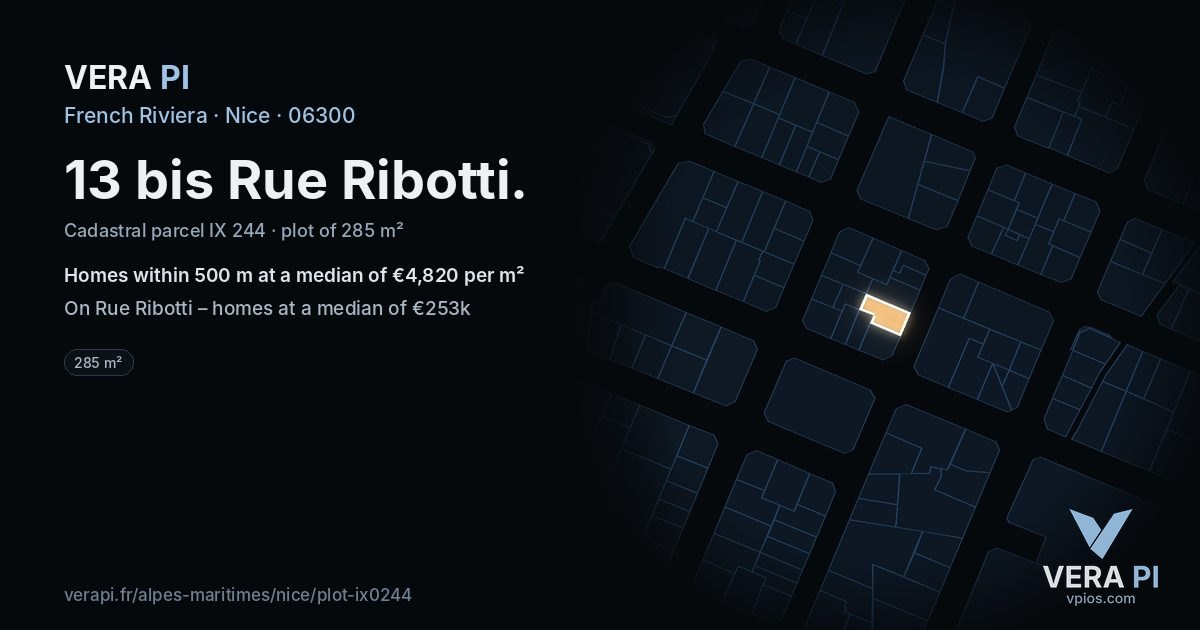 13 bis Rue Ribotti, Nice at night – the plot lit, the parcels around coloured by the prices near them