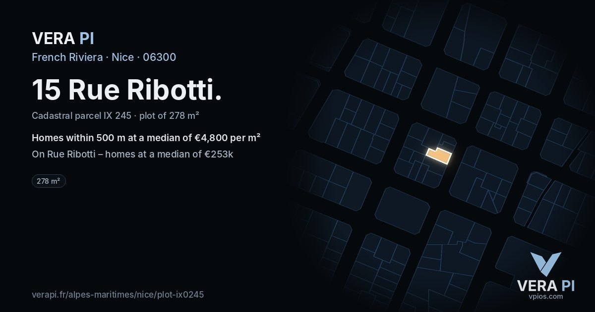 15 Rue Ribotti, Nice at night – the plot lit, the parcels around coloured by the prices near them