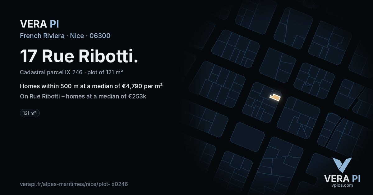 17 Rue Ribotti, Nice at night – the plot lit, the parcels around coloured by the prices near them