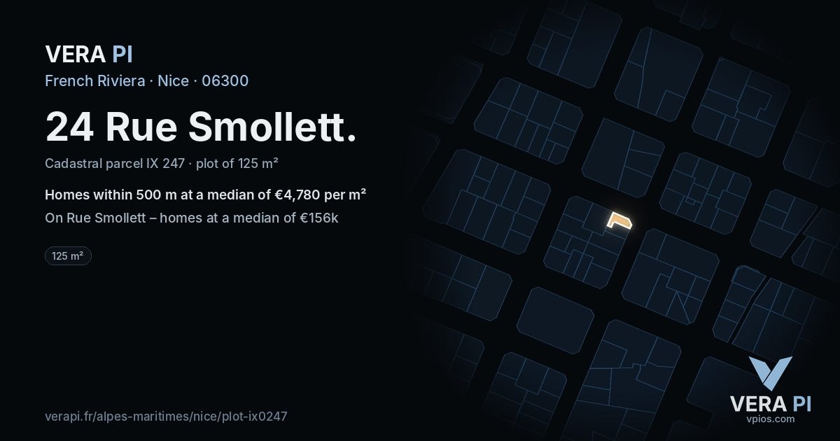 24 Rue Smollett, Nice at night – the plot lit, the parcels around coloured by the prices near them