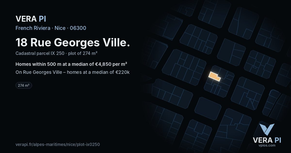 18 Rue Georges Ville, Nice at night – the plot lit, the parcels around coloured by the prices near them