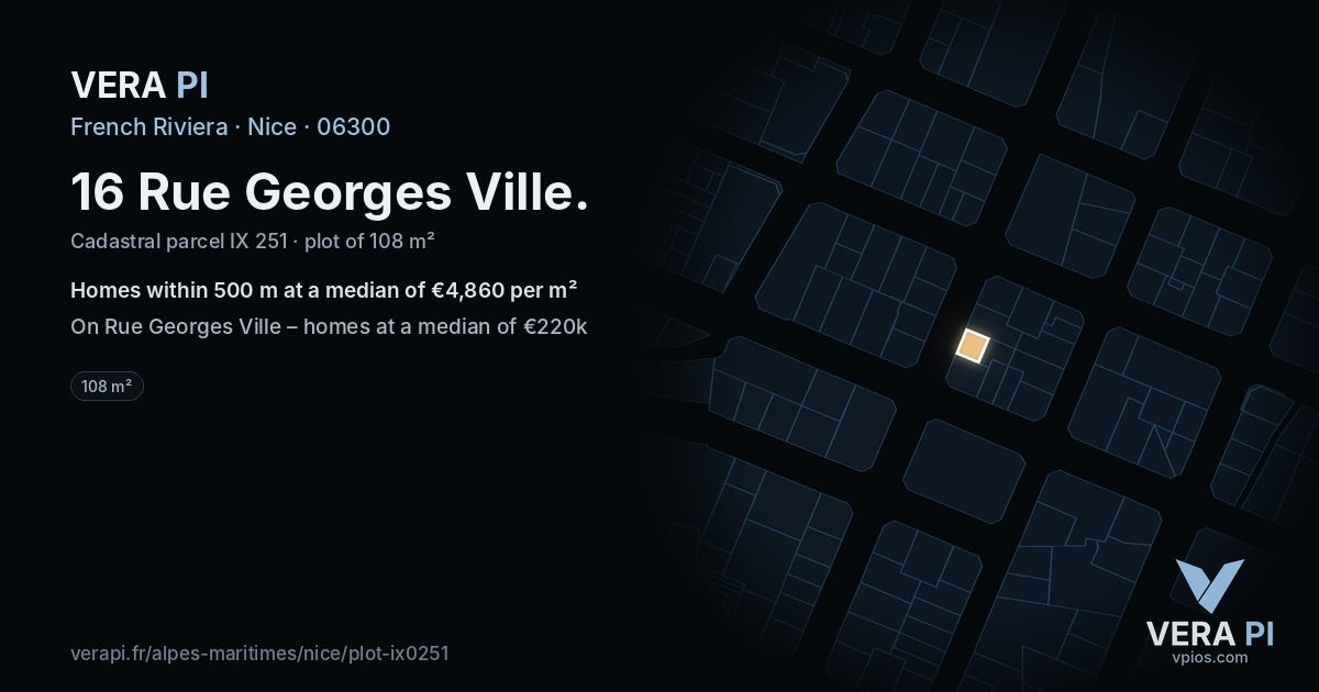 16 Rue Georges Ville, Nice at night – the plot lit, the parcels around coloured by the prices near them