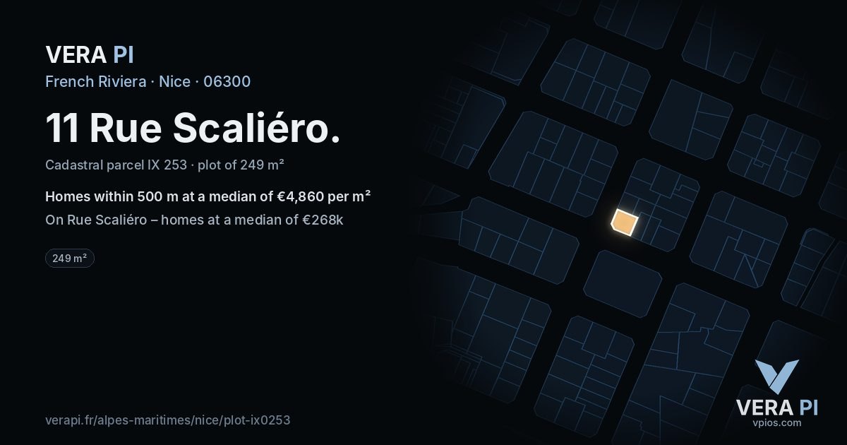 11 Rue Scaliéro, Nice at night – the plot lit, the parcels around coloured by the prices near them