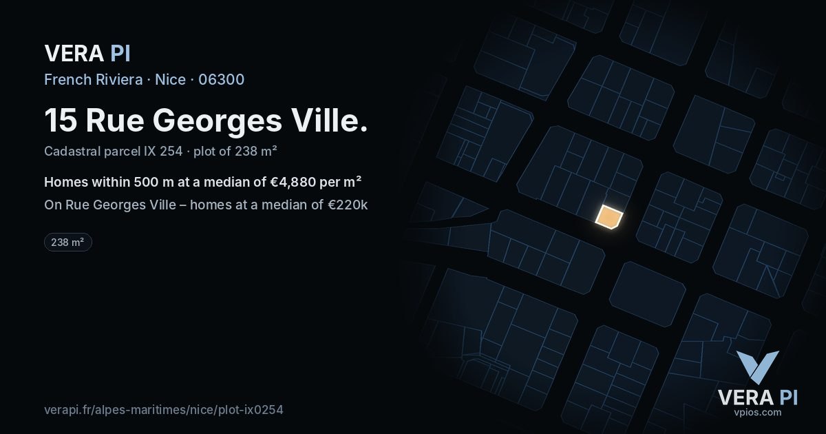 15 Rue Georges Ville, Nice at night – the plot lit, the parcels around coloured by the prices near them