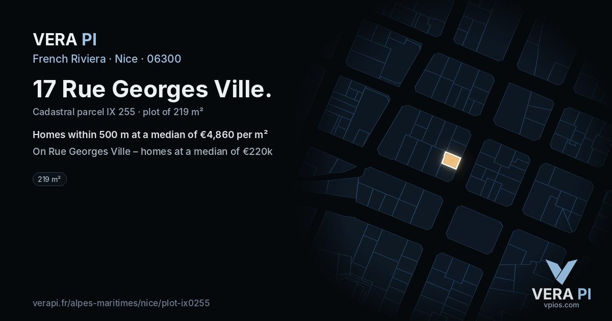 17 Rue Georges Ville, Nice at night – the plot lit, the parcels around coloured by the prices near them