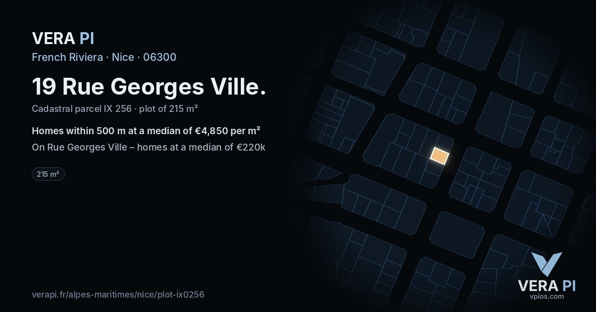 19 Rue Georges Ville, Nice at night – the plot lit, the parcels around coloured by the prices near them