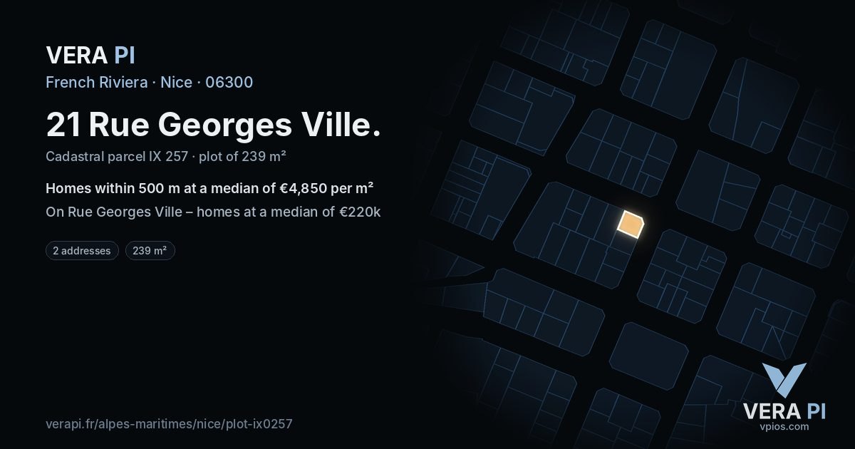 21 Rue Georges Ville, Nice at night – the plot lit, the parcels around coloured by the prices near them
