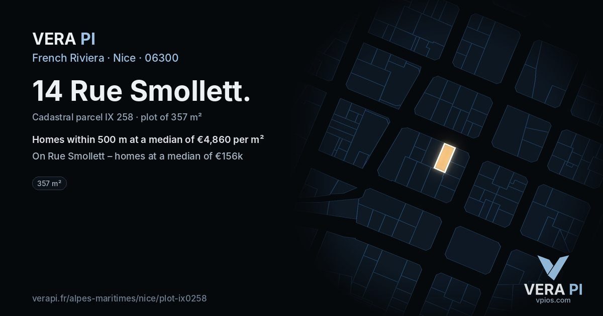 14 Rue Smollett, Nice at night – the plot lit, the parcels around coloured by the prices near them
