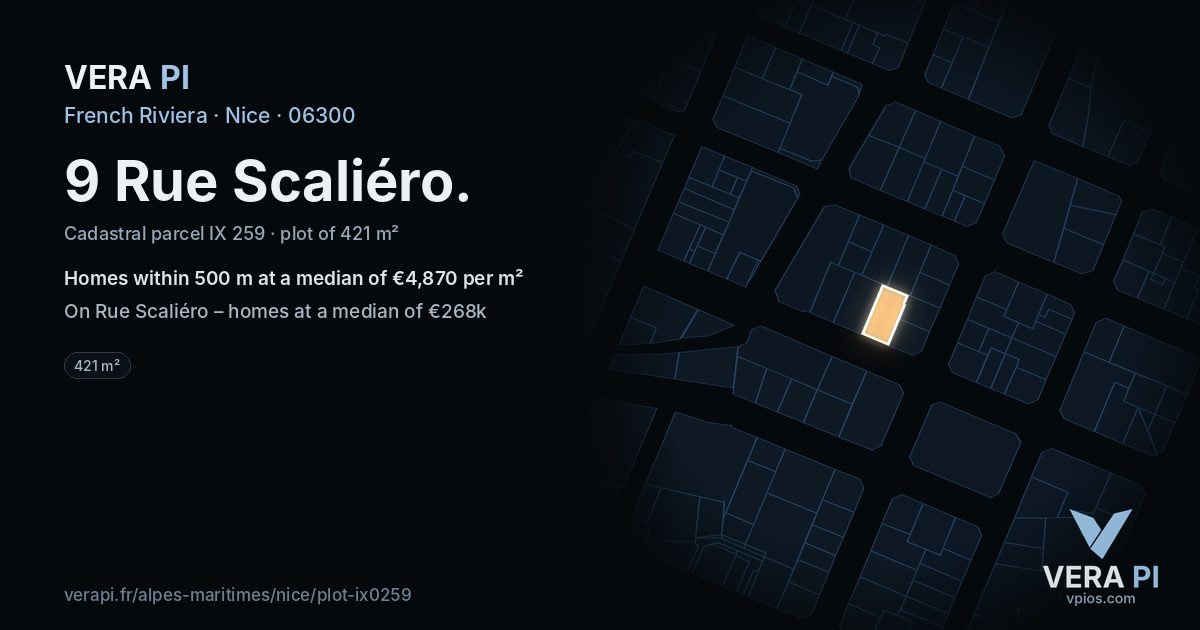 9 Rue Scaliéro, Nice at night – the plot lit, the parcels around coloured by the prices near them
