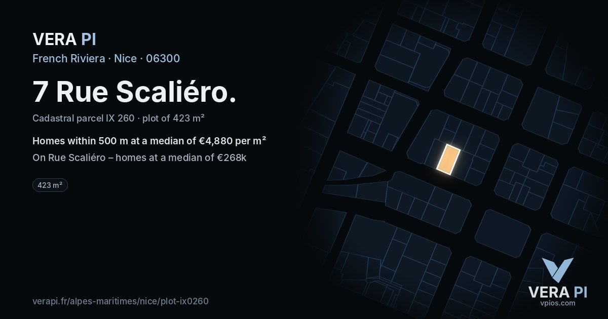 7 Rue Scaliéro, Nice at night – the plot lit, the parcels around coloured by the prices near them
