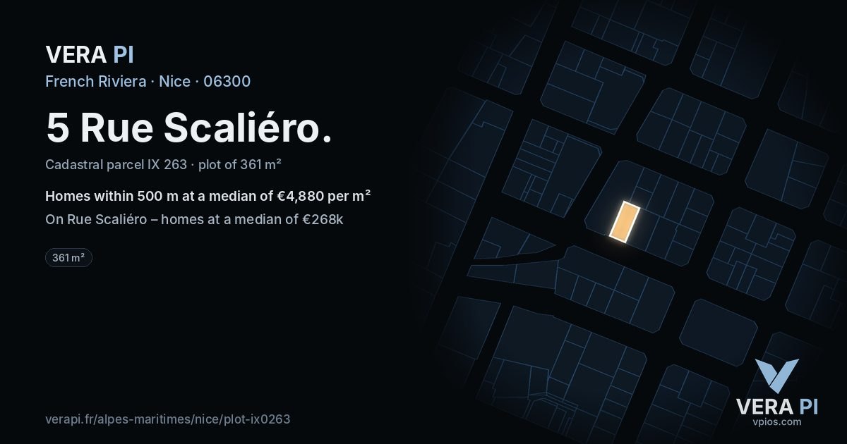 5 Rue Scaliéro, Nice at night – the plot lit, the parcels around coloured by the prices near them