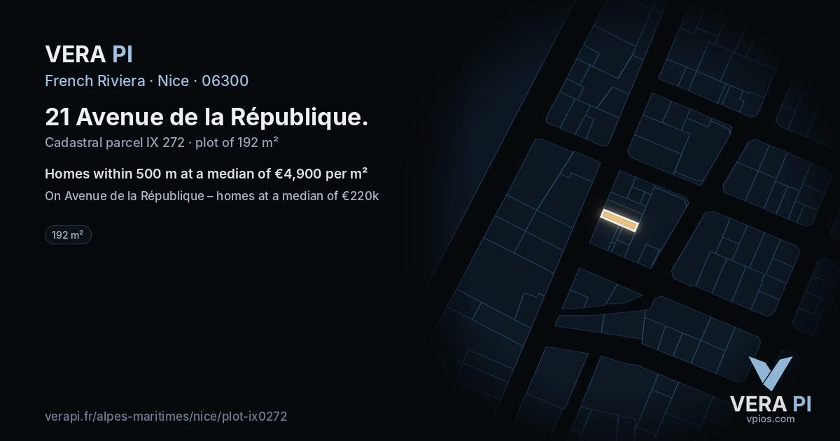 21 Avenue de la République, Nice at night – the plot lit, the parcels around coloured by the prices near them