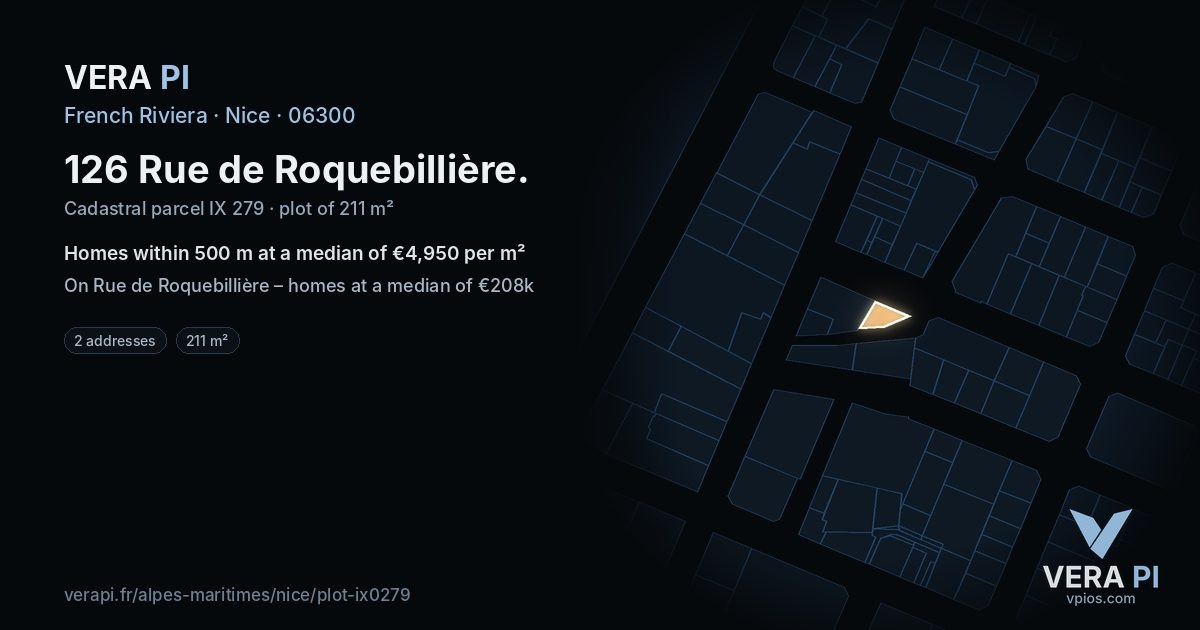 126 Rue de Roquebillière, Nice at night – the plot lit, the parcels around coloured by the prices near them