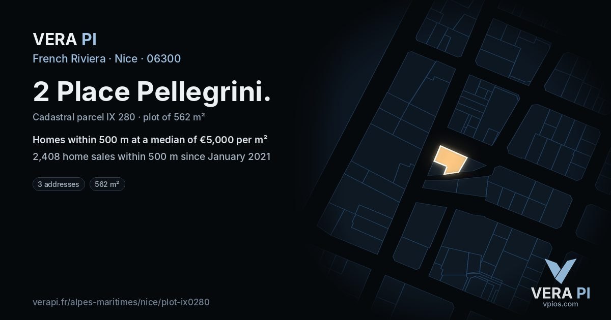 2 Place Pellegrini, Nice at night – the plot lit, the parcels around coloured by the prices near them