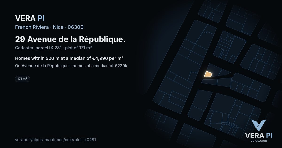 29 Avenue de la République, Nice at night – the plot lit, the parcels around coloured by the prices near them