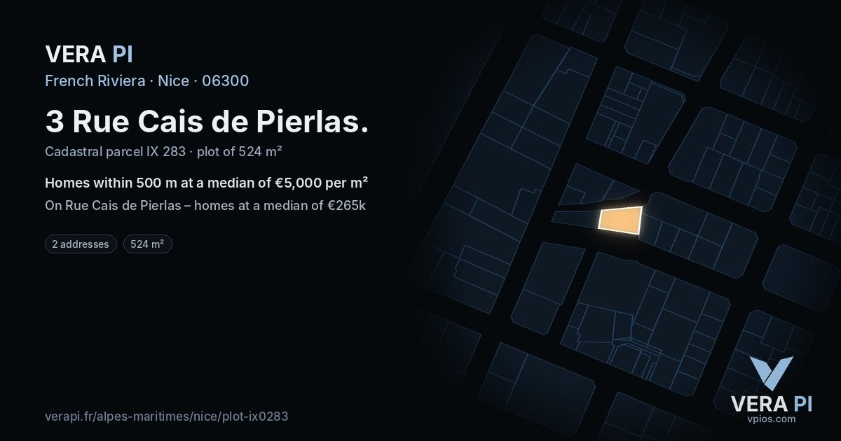 3 Rue Cais de Pierlas, Nice at night – the plot lit, the parcels around coloured by the prices near them