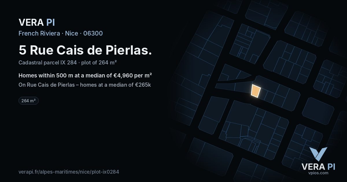 5 Rue Cais de Pierlas, Nice at night – the plot lit, the parcels around coloured by the prices near them