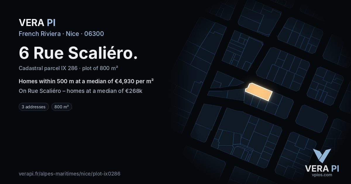 6 Rue Scaliéro, Nice at night – the plot lit, the parcels around coloured by the prices near them