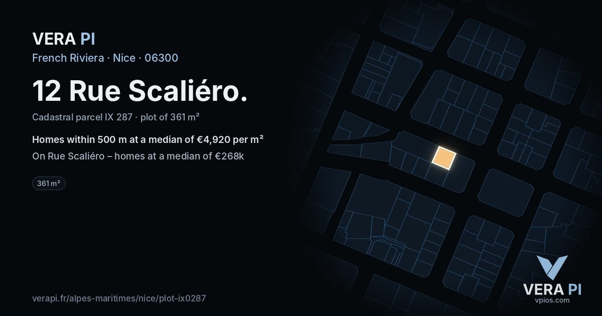 12 Rue Scaliéro, Nice at night – the plot lit, the parcels around coloured by the prices near them