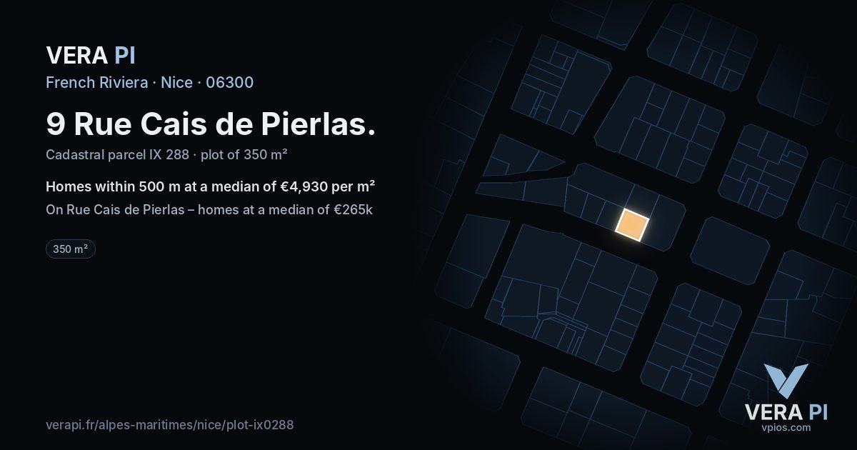 9 Rue Cais de Pierlas, Nice at night – the plot lit, the parcels around coloured by the prices near them