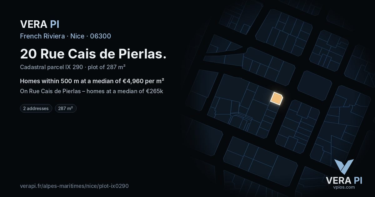 20 Rue Cais de Pierlas, Nice at night – the plot lit, the parcels around coloured by the prices near them