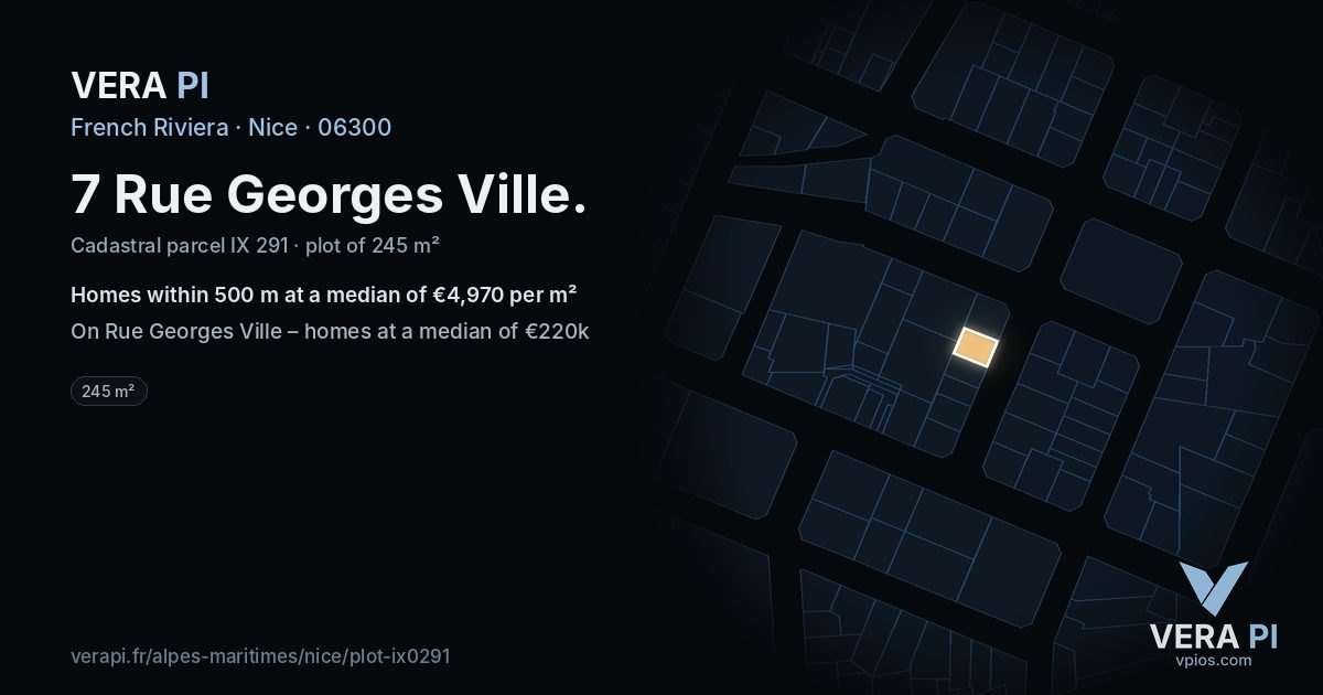 7 Rue Georges Ville, Nice at night – the plot lit, the parcels around coloured by the prices near them