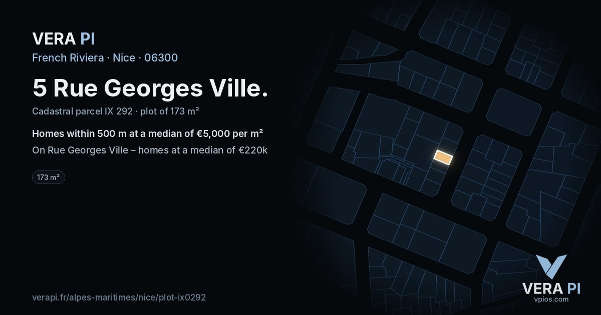 5 Rue Georges Ville, Nice at night – the plot lit, the parcels around coloured by the prices near them