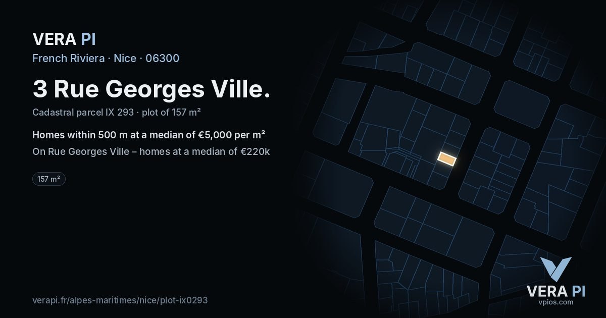 3 Rue Georges Ville, Nice at night – the plot lit, the parcels around coloured by the prices near them