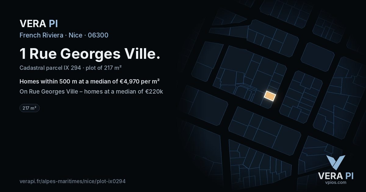 1 Rue Georges Ville, Nice at night – the plot lit, the parcels around coloured by the prices near them