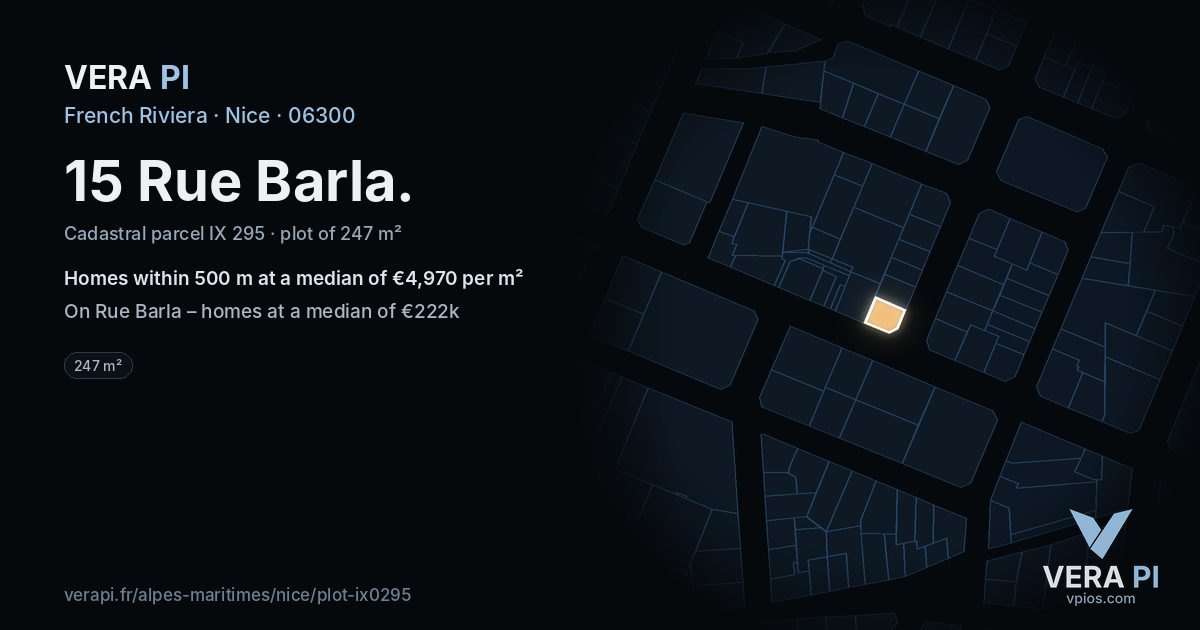 15 Rue Barla, Nice at night – the plot lit, the parcels around coloured by the prices near them