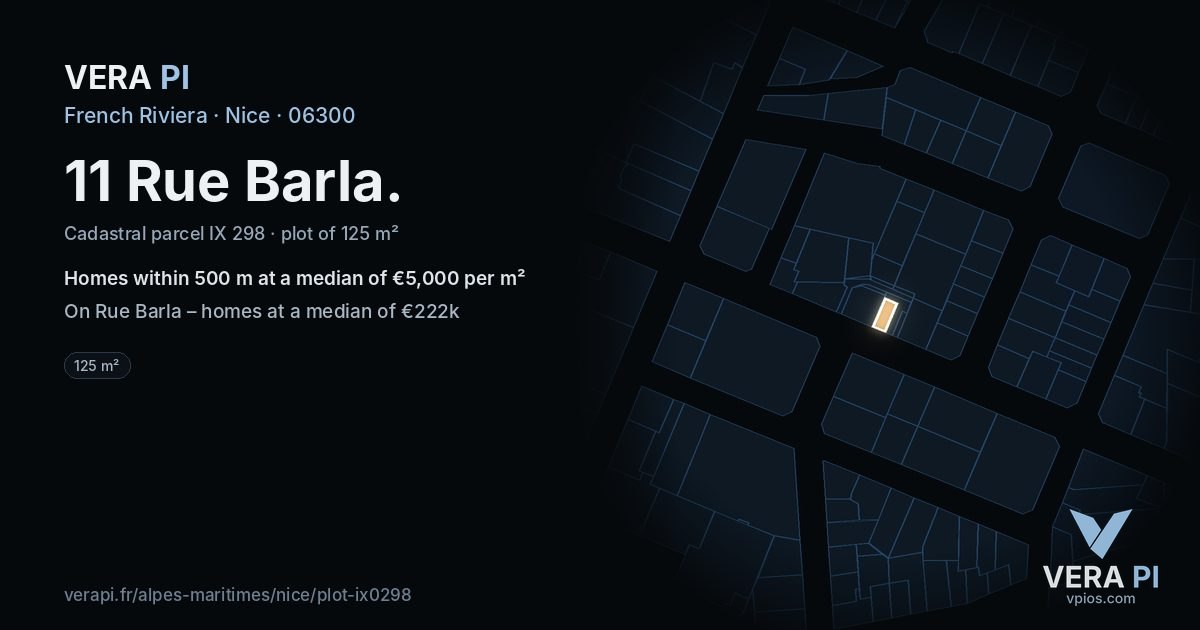 11 Rue Barla, Nice at night – the plot lit, the parcels around coloured by the prices near them