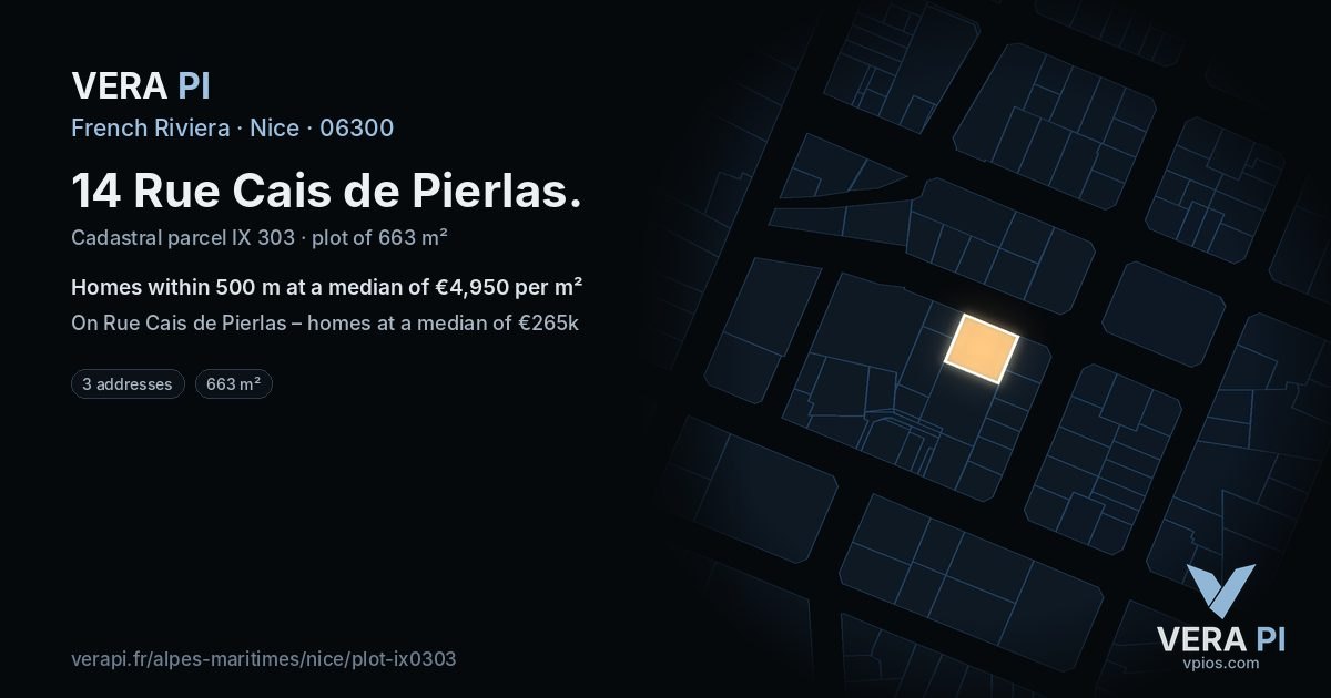 14 Rue Cais de Pierlas, Nice at night – the plot lit, the parcels around coloured by the prices near them