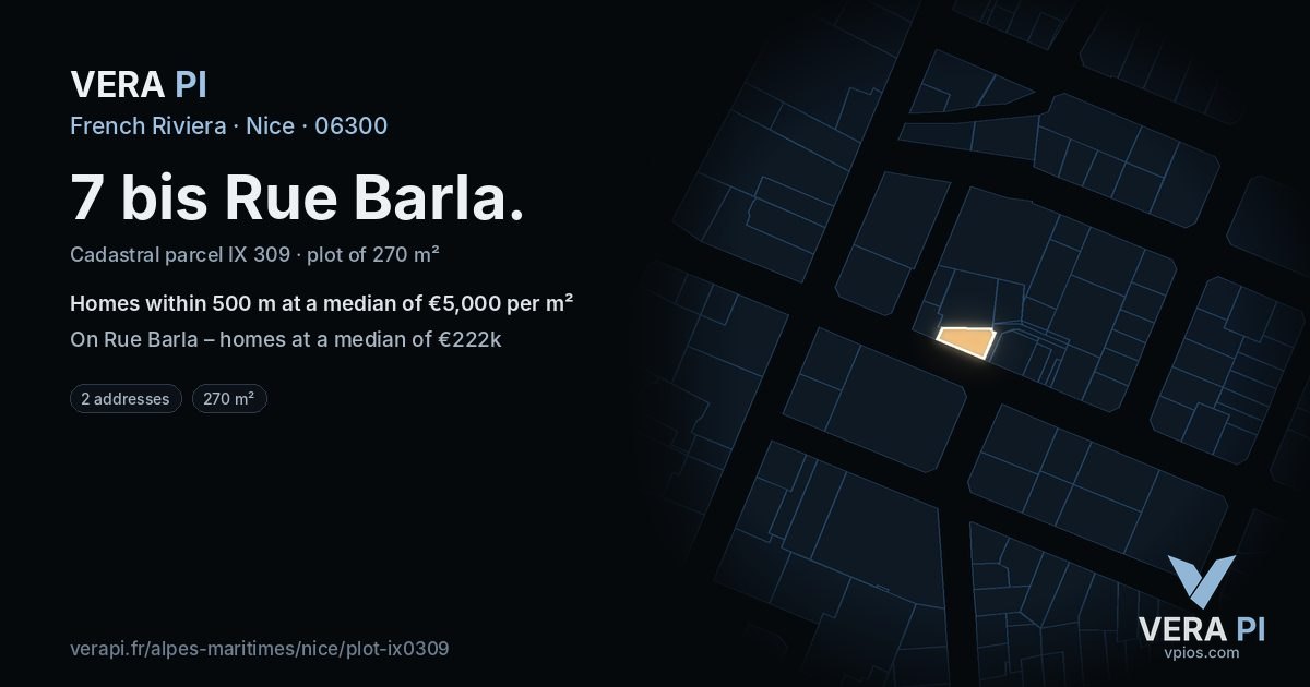 7 bis Rue Barla, Nice at night – the plot lit, the parcels around coloured by the prices near them