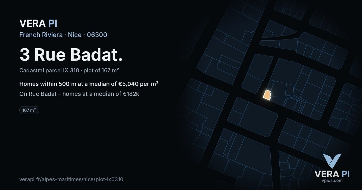 3 Rue Badat, Nice at night – the plot lit, the parcels around coloured by the prices near them