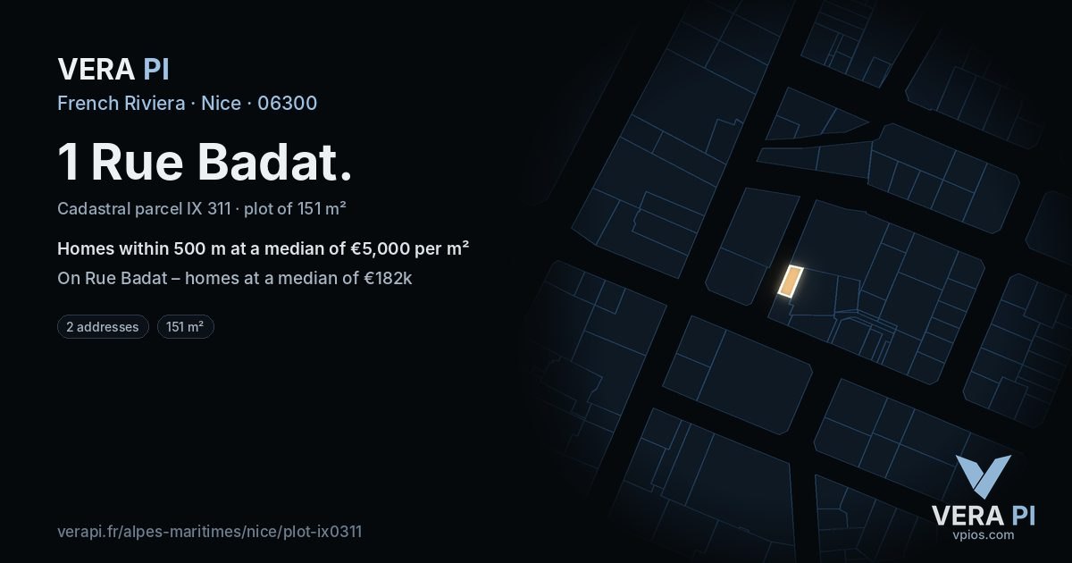 1 Rue Badat, Nice at night – the plot lit, the parcels around coloured by the prices near them