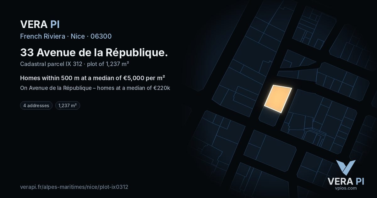 33 Avenue de la République, Nice at night – the plot lit, the parcels around coloured by the prices near them