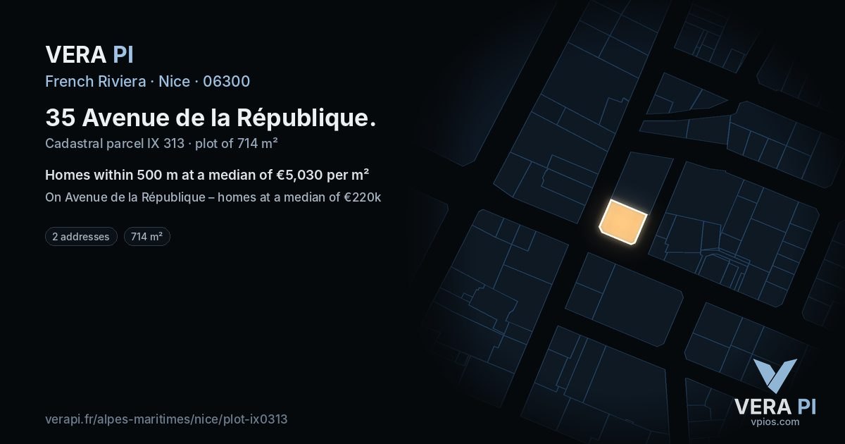 35 Avenue de la République, Nice at night – the plot lit, the parcels around coloured by the prices near them