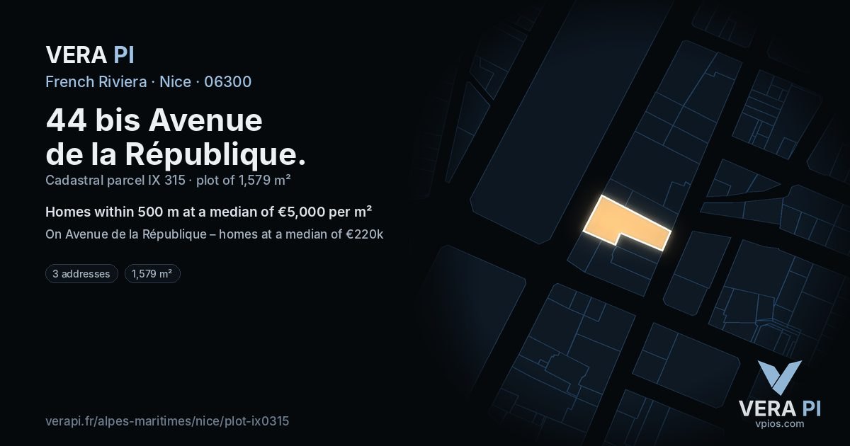 44 bis Avenue de la République, Nice at night – the plot lit, the parcels around coloured by the prices near them