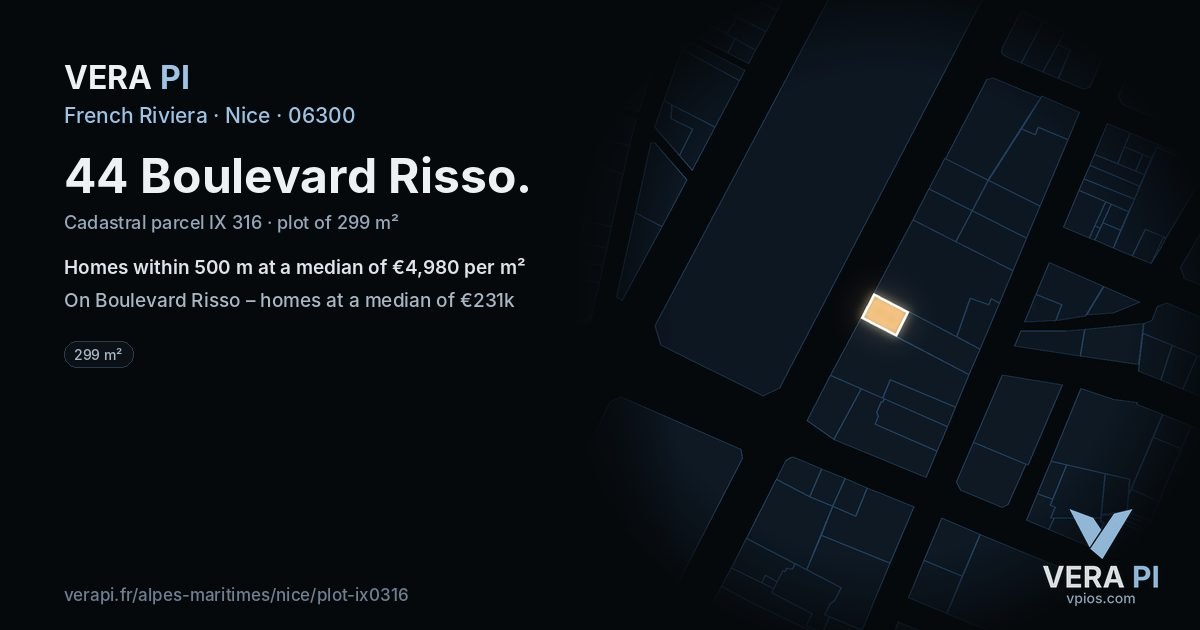 44 Boulevard Risso, Nice at night – the plot lit, the parcels around coloured by the prices near them