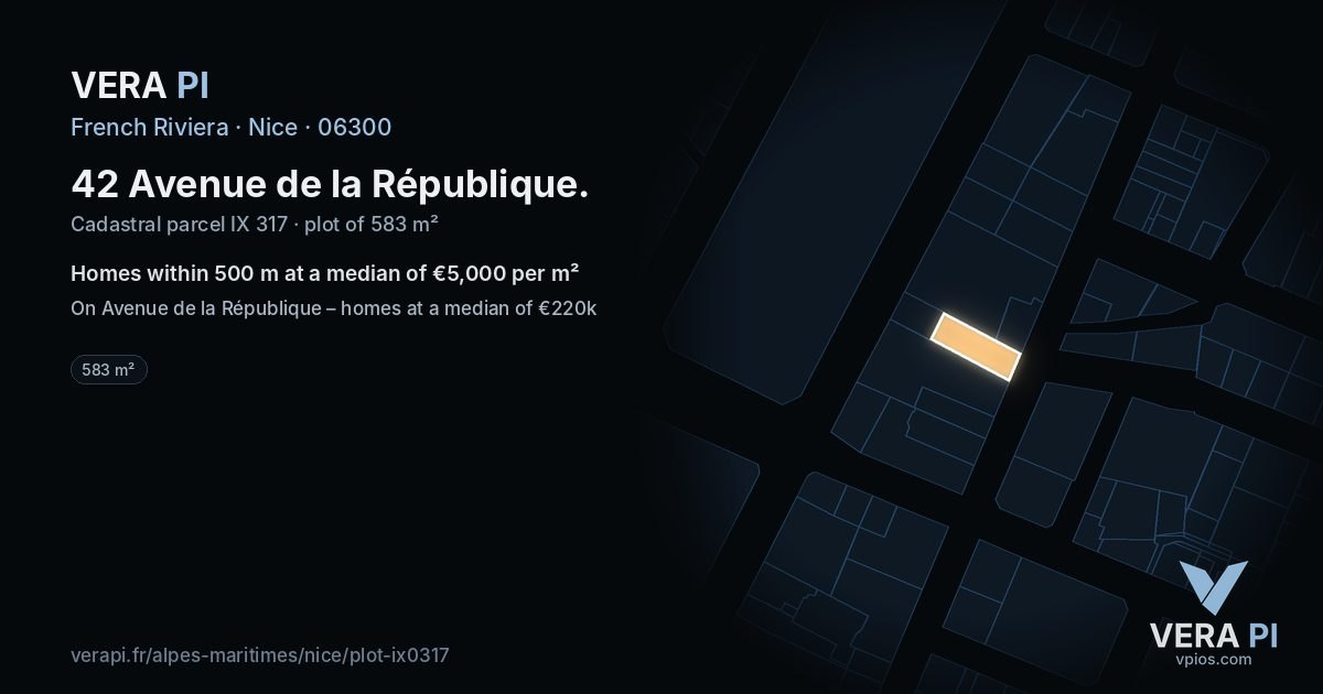 42 Avenue de la République, Nice at night – the plot lit, the parcels around coloured by the prices near them